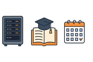 Data center server rack and education schedule concept icons