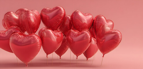 Red heart shaped balloons on pink background, flat lay with space for text. Saint Valentine's day celebration