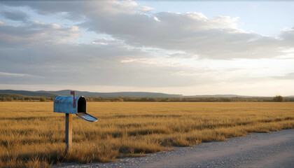 Rural mailbox on empty country road at sunset – landscape background