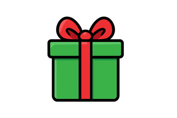Simple green gift box with red ribbon and bow icon