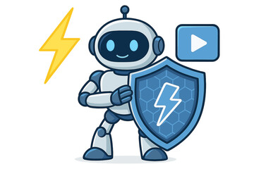 Obraz premium Cute robot character holding security shield with lightning bolt icon
