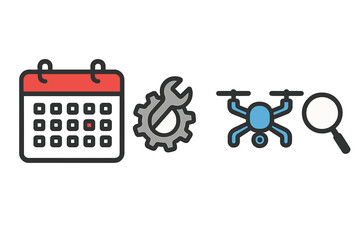 Set of icons for scheduling maintenance inspection with calendar gear drone and magnifying glass