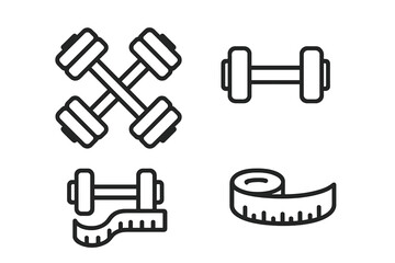 Set of fitness equipment icons featuring dumbbells and measuring tape