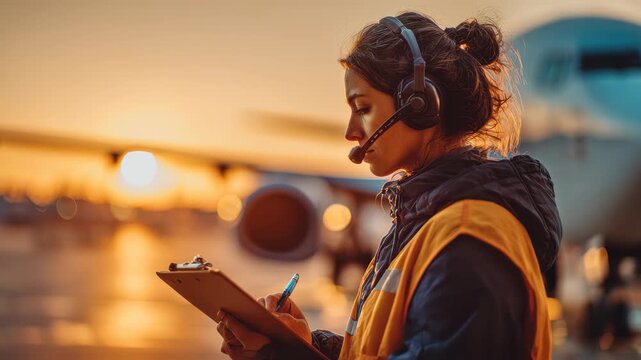 Air traffic controller at sunset monitoring flight operations on a busy runway