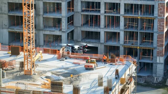 Urban Construction: A dynamic construction site bustling with activity, as towering cranes and structures rise against the sky, symbolizing progress and infrastructure development. 