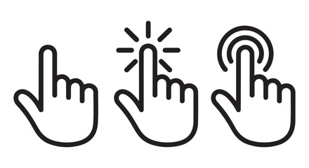 Hand click cursor line icons. Mouse pointer set with burst and tap ripple effects.
