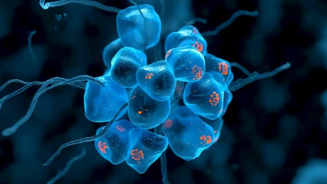 Cluster of glowing blue cellular forms with translucent surfaces and thin extending filaments floating against a dark blurred background