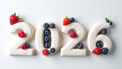 Numbers 2026 made from frozen yogurt topped with berries on white background. Representing healthy dessert and creative food. Concept of food, nutrition, lifestyle.