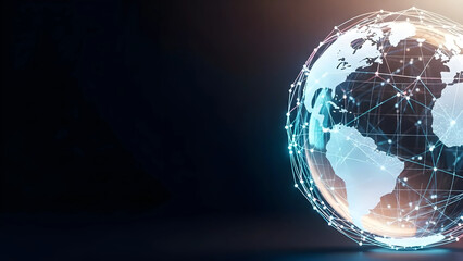 世界中をネットワークで繋ぐガラスの地球儀とグローバル通信の近未来背景素材（3Dレンダリング・コピースペース）