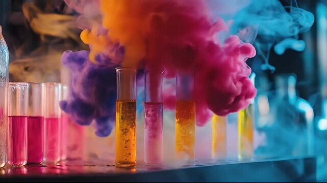 Colorful Science Experiment with Bubbling Liquids and Vibrant Smoke in Test Tubes Illuminated by Dramatic Lighting Creating an Abstract Visual Effect