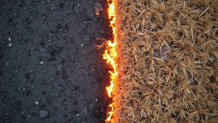 Glowing fire line burning through dry, golden vegetation
