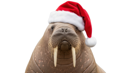 Festive Walrus Wearing Red Santa Hat for Christmas Holiday isolated PNG with Transparent Background