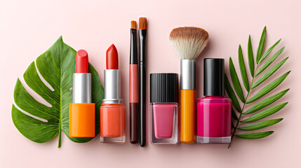 A collection of vibrant cosmetics arranged on a pink background. Includes lipsticks, nail polishes, and makeup brushes alongside green leaves.