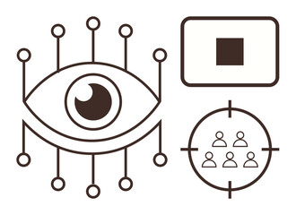 Eye with circuit lines symbolizing AI, digital screen, and group of people in a targeted crosshair. Ideal for AI, surveillance, ethics, technology, innovation data connectivity. Simple flat