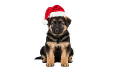 Cute German Shepherd Puppy Wearing Red Santa Hat Looking at Camera isolated PNG with Transparent Background