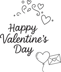 Hand-drawn doodle vector Valentine coloring card with romantic lettering, hearts, roses and heart-shaped balloons in simple black and white line art. Perfect for love themes, holiday designs and print