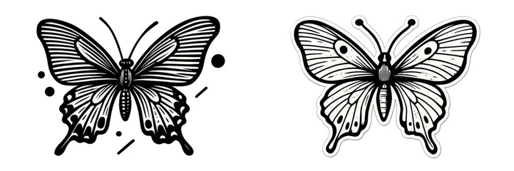 Stylized vector illustrations of two butterflies in black and white