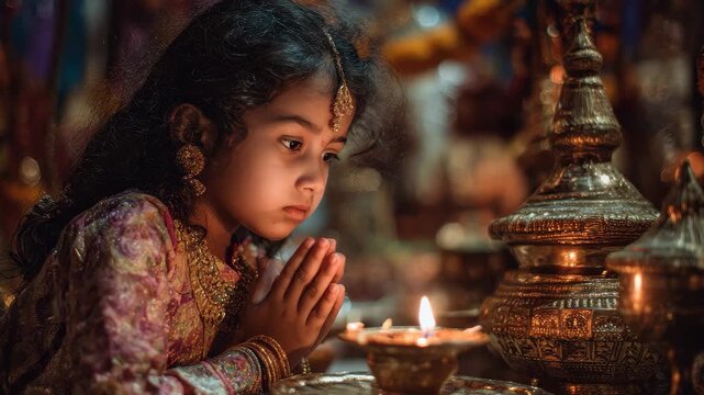 Child performing prayers with a candle in a traditional setting during a festival celebration at night