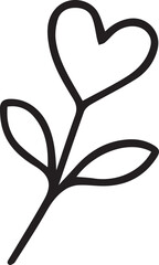 Hand-drawn doodle vector illustration of a heart-shaped flower with a stem and leaves in simple black and white line art, perfect for Valentine&rsquo;s Day, romantic designs, floral themes and coloring page