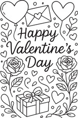 Hand-drawn doodle vector Valentine coloring card with romantic lettering, hearts, roses and heart-shaped balloons in simple black and white line art. Perfect for love themes, holiday designs and print