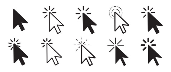 Click cursor arrow icons. Solid and outline mouse pointers with burst effects.
