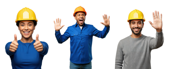 Diverse construction workers: a smiling woman giving thumbs up, an excited man shouting, and a friendly man waving, all wearing hard hats on black.