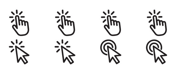 Click cursor and pointer line icons. Hand and arrow mouse symbols with burst and ripple effects.
