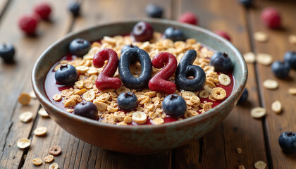 Numbers 2026 made from berries placed in a bowl with oatmeal flakes on wooden table. Representing healthy breakfast and nutrition. Concept of food, nutrition, lifestyle.