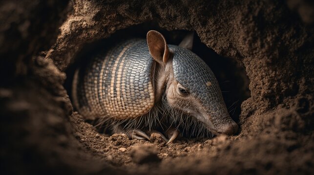 A shy armadillo burrowing quietly beneath soil shell gleaming faintly exotic pet