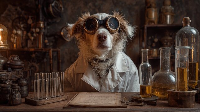 A dog in a lab coat holding test tubes mad scientist expression glowing potions steampunk laboratory