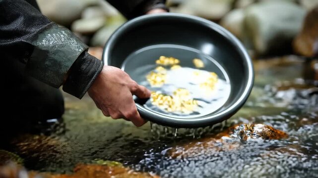 Hands panning for gold in a clear stream at a scenic mountain location on a sunny day