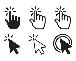 Click cursor and pointer icons. Solid and outline arrow and hand mouse symbols.
