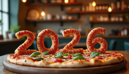 Numbers 2026 made from hot pizza on background of fast food restaurant. Сoncept of food, restaurant, lifestyle.