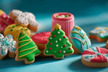 Obraz premium Colorful Assorted Christmas Decorations and Cookies on Blue Background with Holiday Elements for Festive Season Celebration
