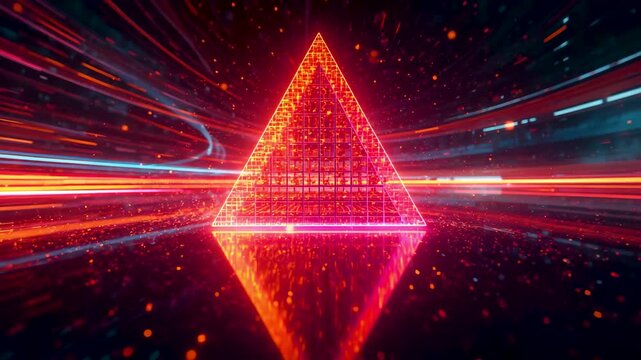 Red glowing triangular shape surrounded by streaks of fast moving lights on a dark surface creating a vibrant futuristic scene