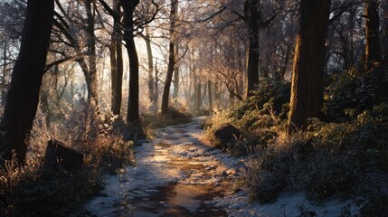icy forest path illuminated by golden light,