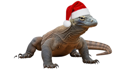 Komodo Dragon wearing a red Santa hat, ready for Christmas holiday isolated PNG with Transparent Background