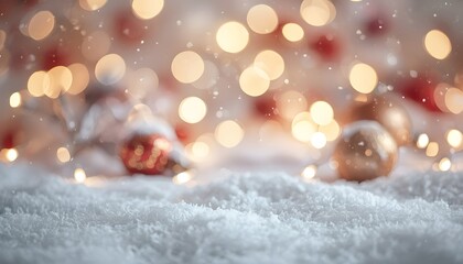 AI-generated, photo-realistic Christmas background. Features soft, warm bokeh lights, festive red/gold ornaments, and a layer of fresh snow foreground (ideal for copy space). Perfect for holiday desig