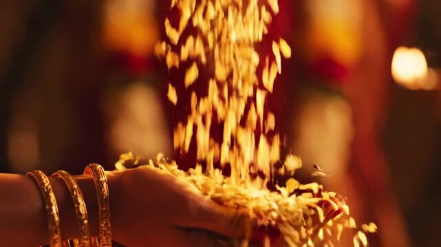 A person pours a stream of golden grain from one hand to another with gold bangles visible on their wrist in a warmly lit setting