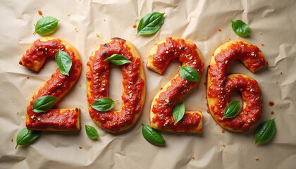 Numbers 2026 made from pizza representing fast food creativity and fun culinary. Concept of food, restaurant, lifestyle.