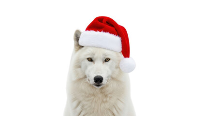 Fototapeta premium Cute White Wolf Wearing Red Santa Hat for Christmas Holiday Celebration isolated PNG with Transparent Background