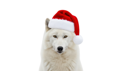 Cute White Wolf Wearing Red Santa Hat for Christmas Holiday Celebration isolated PNG with Transparent Background
