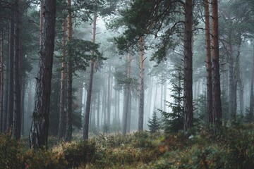 Misty morning in a pine forest, soft light diffusion, cold muted color palette, shallow depth of field, ultra-detailed, DSLR photo,