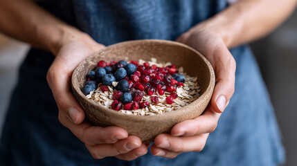 Healthy breakfast oats blueberries pomegranate bowl natural light minimal