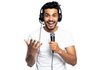 Energetic male gamer streamer speaking into RGB microphone with expressive hand gesture, isolated on a transparent background, PNG