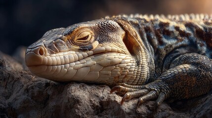 Fototapeta premium An agile tegu basking lazily in sunlight scales shimmering softly exotic pet