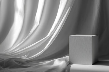 a product mockup (e.g., box or label) with a soft, subtle shadow overlay of a flowing curtain/fabric, gentle light, ambient texture, DSLR photo, high resolution,