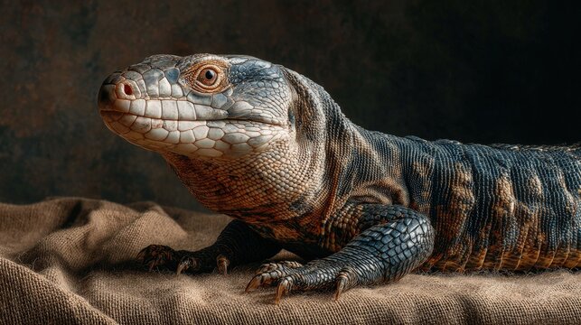 An agile tegu basking lazily in sunlight scales shimmering softly exotic pet