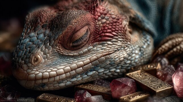 A dragon sleeping atop a pile of enchanted artifacts glowing runes warm and mystical lighting