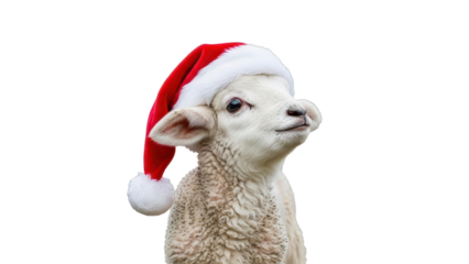 Cute Baby Lamb Wearing Red Santa Hat Looking Up isolated PNG with Transparent Background